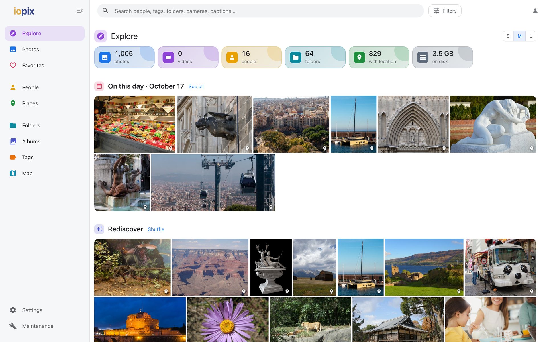 iopix Explore page: library totals, photos from this day in past years and a shuffle of older ones